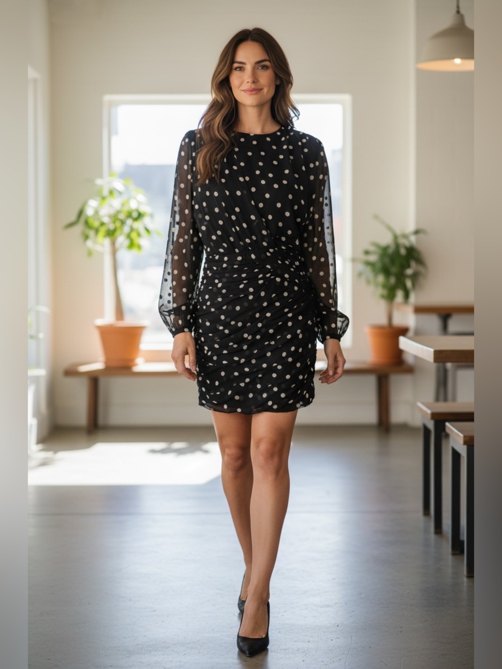 Zara Black Mini Dress with White Polka Dots